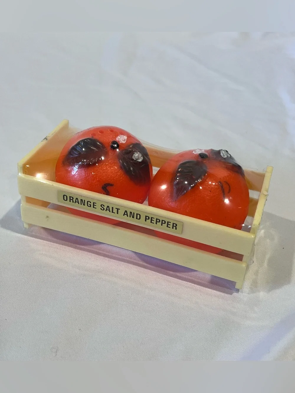 Vintage Orange Salt & Pepper Shakers in Crate Retro Kitchen Decor